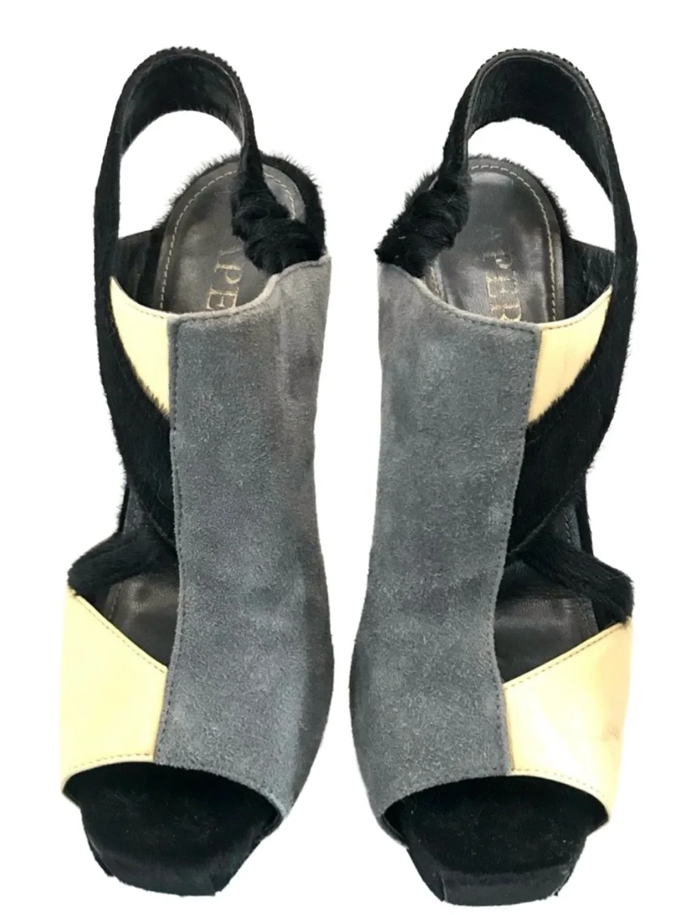 APERLAI PARIS BLACK, GRAY & CREAM COLOR BLOCK LEATHER AND FUR HEELS (38)